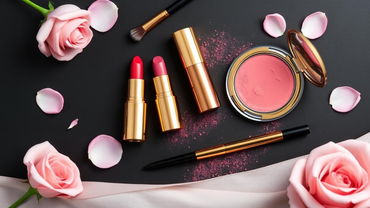 Luxury makeup products flat lay