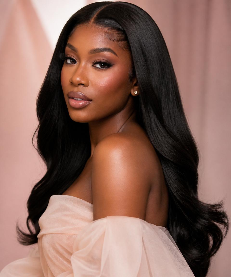 Beauty client with a luxury wig install and soft glam makeup
